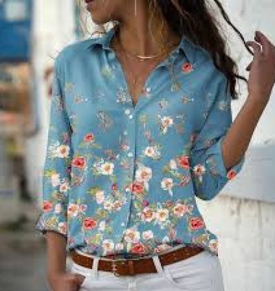 Breezy Bloom: Sky Blue Floral Casual Shirt for Women
